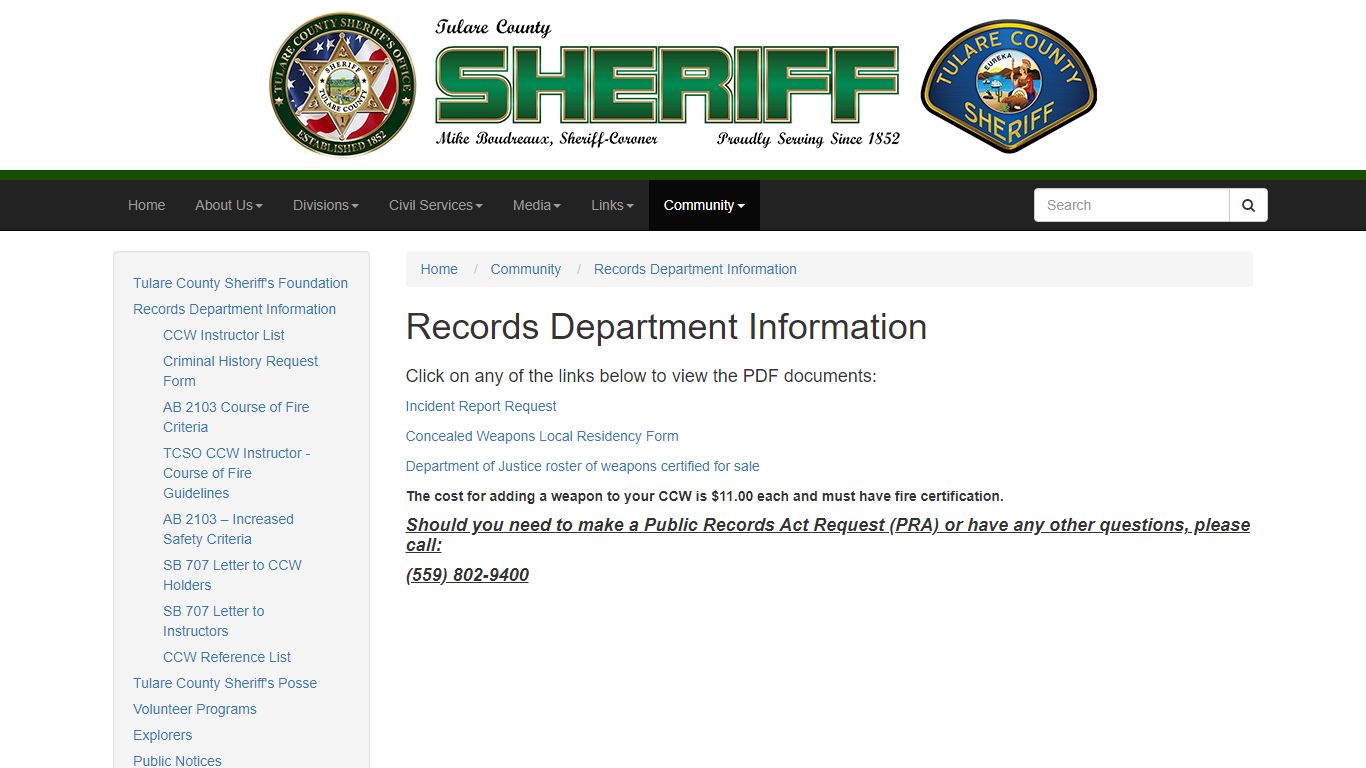 Records Department Information - Tulare County Sheriff